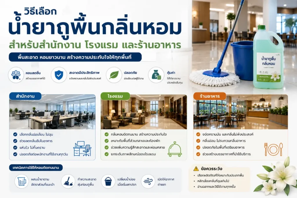 แนะนำวิธีเลือกน้ำยาถูพื้นกลิ่นหอมสำหรับสำนักงาน โรงแรม และร้านอาหาร